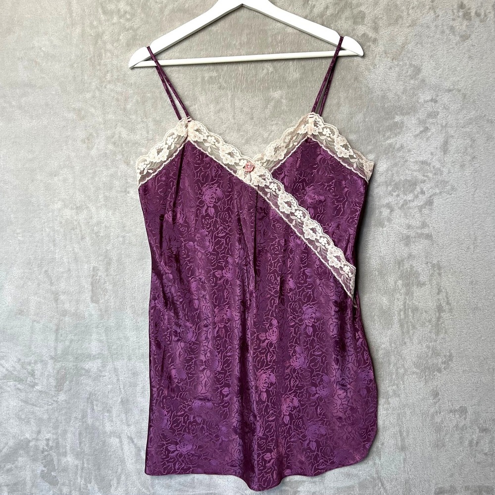 Vintage Angelique M Purple Satin Lace Chemise Slip Dress Y2K Coquette‎ Cottage